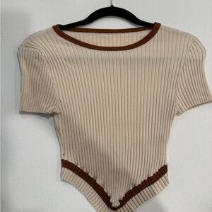 Chic Ribbed Beige and Brown Women's Top